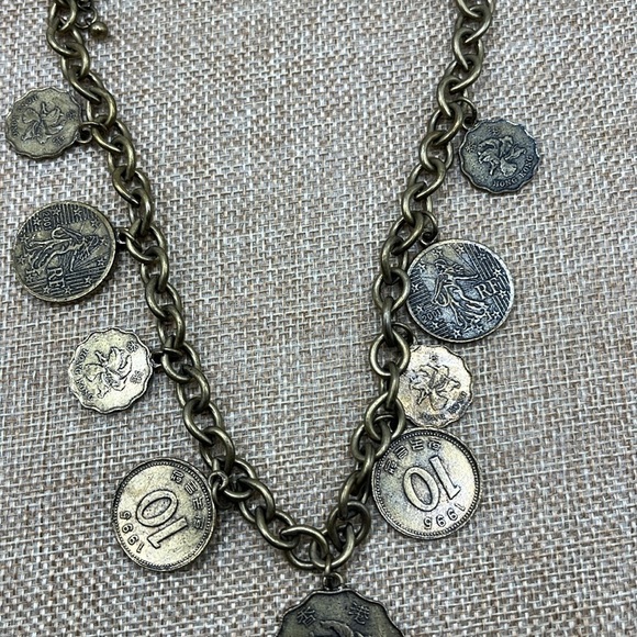 Coin Necklace by Vicky Jousan Antiqued Gold Tone Hong Kong Assorted Coins 
Large - Picture 11 of 13